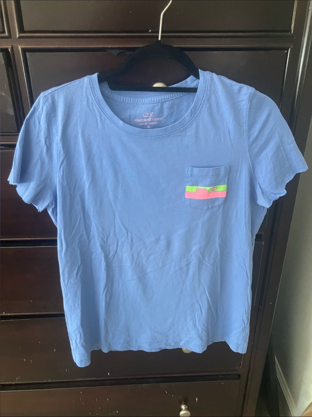 Vineyard Vines Light Blue Short Sleeve Pocket Tee with Neon Stripe